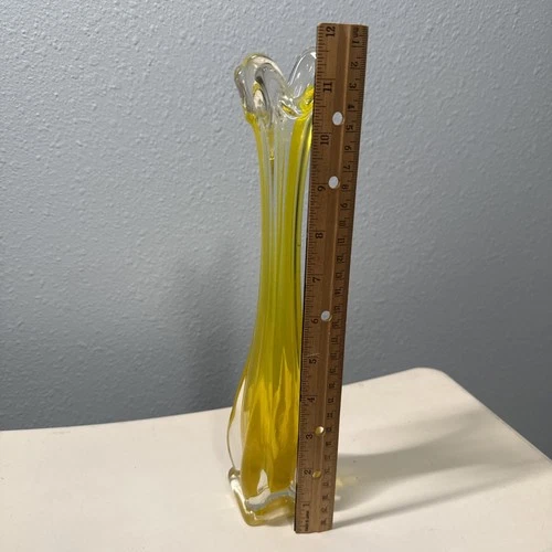 Vintage Murano style Swung Vase Clear Bright Yellow Art Glass 12” Bud Vase