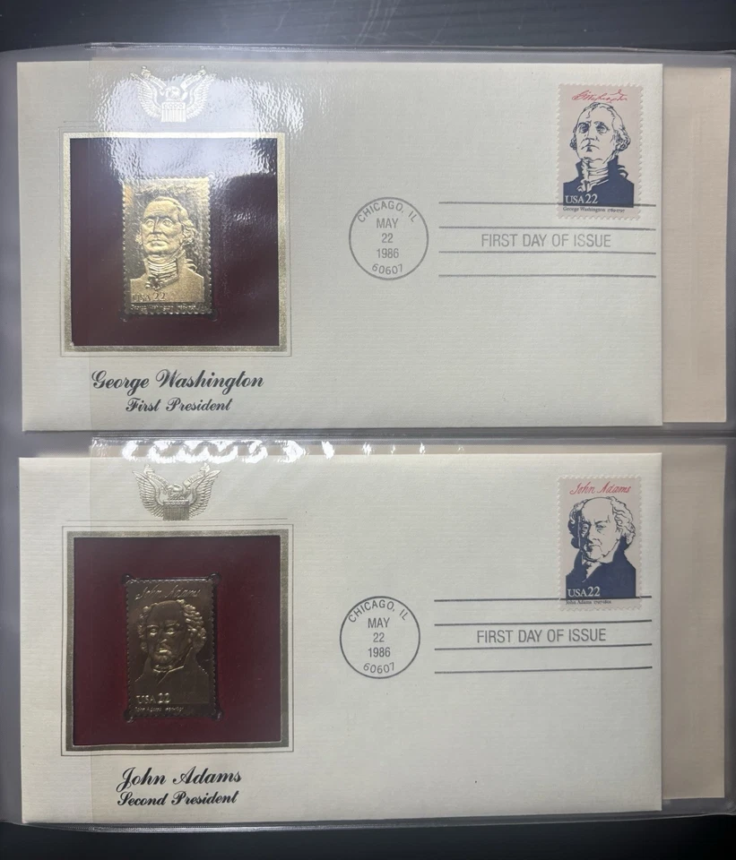 Réplicas doradas de estampillas de presidentes de Estados Unidos de 1986 superficie de oro de 22 kt 36 tarjetas en carpeta Foto 3 de 4