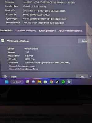 HP Spectre 15'' Touch Laptop i7-8565U 16GB RAM 256GB SSD Win 11 Pro