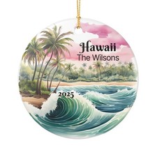 Hawaii Ceramic Ornament, Coastal Scene, Custom Names and Year