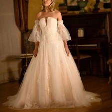 White Strapless Lace Shiny Wedding Dresses A Line Off Shoulder Bridal Gowns