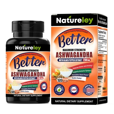Ashwagandha Capsules Max Strength 2100mg & Black Pepper Extract Organic 120 CT