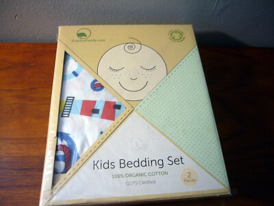 NIB Your Eco Family Fitted Crib Toddler Sheet Pillowcase Organic Cotton Nautical