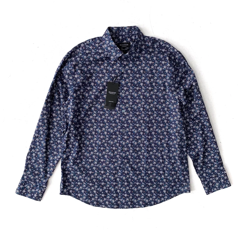 Bugatchi Nwt Classic Fit Comfort Stretch Navy Blue Floral Long Sleeve Shirt L - Image 2 of 3