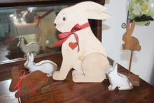 Lot of 6 Bunny Rabbit Wooden Figures Tabletop Shelf Country Easter Spring Decor