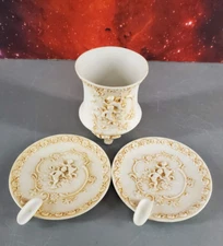 LEFTON SMOKING SET MATCH HOLDER  CIGARETTE ASHTRAYS CHERUB FLORAL PATTERN BONE