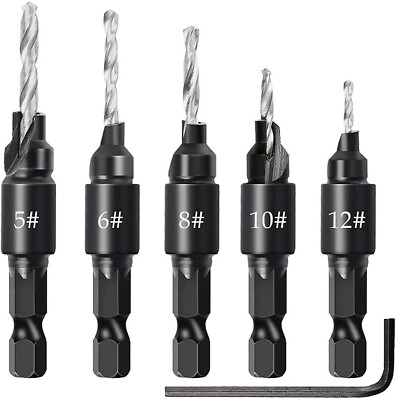 5 Pcs Woodworking 1/4'' Hex Shank Adjustable Chamfered Countersink Drill Bit Set