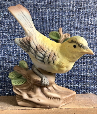 Vintage Hand Painted Porcelain Bisque Yellow Bird On Branch Matte 4 1/2'' Tall
