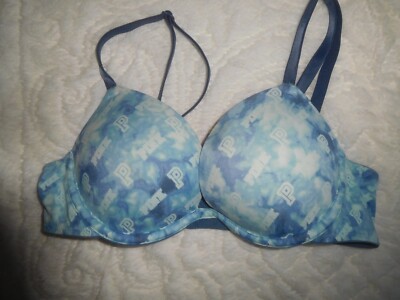 NWOT! Victoria's Secret PINK Blue / White  Wear Everywhere Super Push-Up Bra 32A
