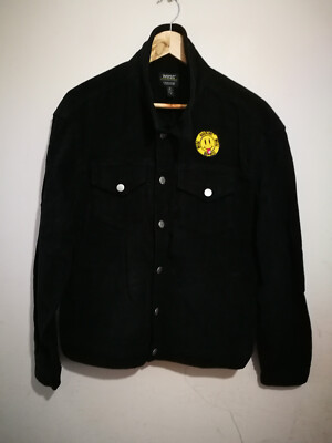 WESC Black Cord Casual Work Chore Jacket Hardcore Happiness Back Print Unisex M