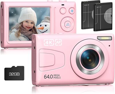 Digital Camera, 4K Autofocus Vlogging Camera with Flash, 64MP Point (Pink)