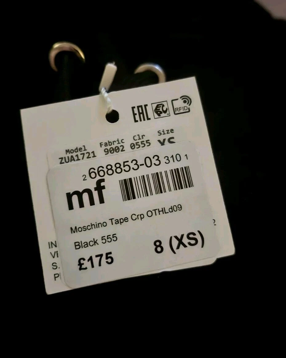 Felpa con cappuccio MOSCHINO nera con logo nastro ritagliata UK 8 XS Lounge Top