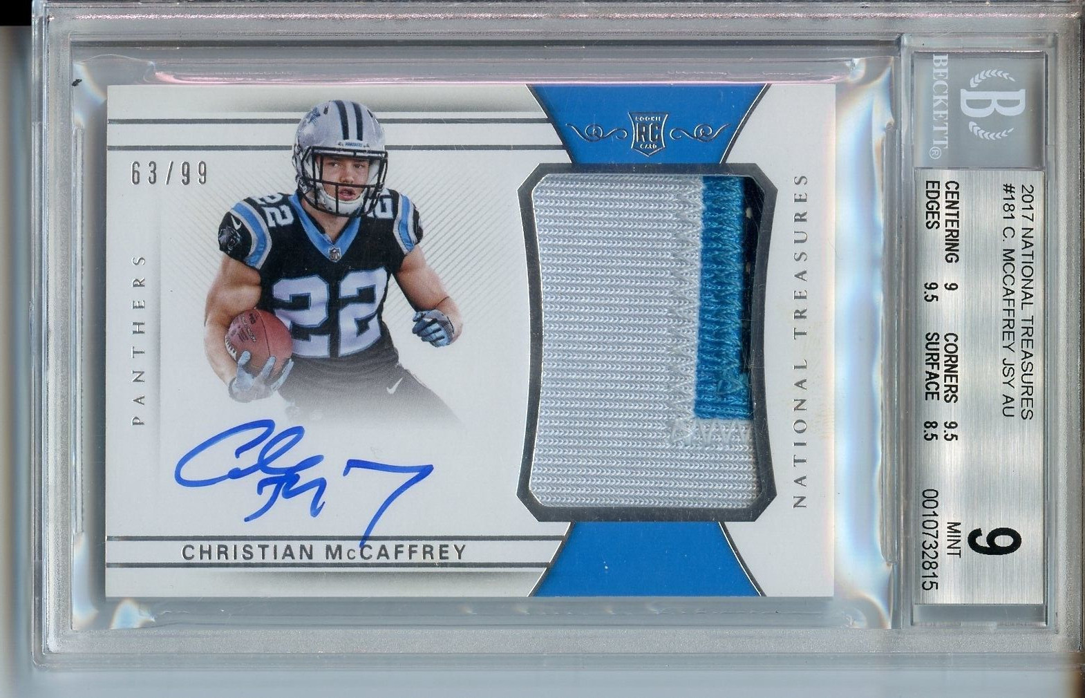 BGS 9 2017 NATIONAL TREASURES CHRISTIAN MCCAFFREY RPA #181 63/99 PATCH AUTO