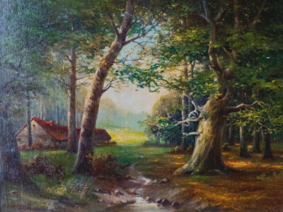 Gemälde Ölgemälde Leinwand romantische Waldlandschaft Bauerhaus Bach 60 x 80 cm