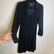 Tahari Arthur S Levine Black Long Sleeve Belted Fit & Flare Dress Petite 2P