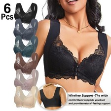 6Pcs Lace Wireless Bra Front Hook Wide Straps Removable Pads Full Coverage Bra
