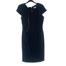 DKNY Women's Black Cap Sleeve Sheath Dress with Gold Belt & Zipper Detail Size 6