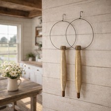 VTG Wood Loom Bobbins Set 2 w Thread Hanging Metal Hook 9&rdquo; Primitive Decor