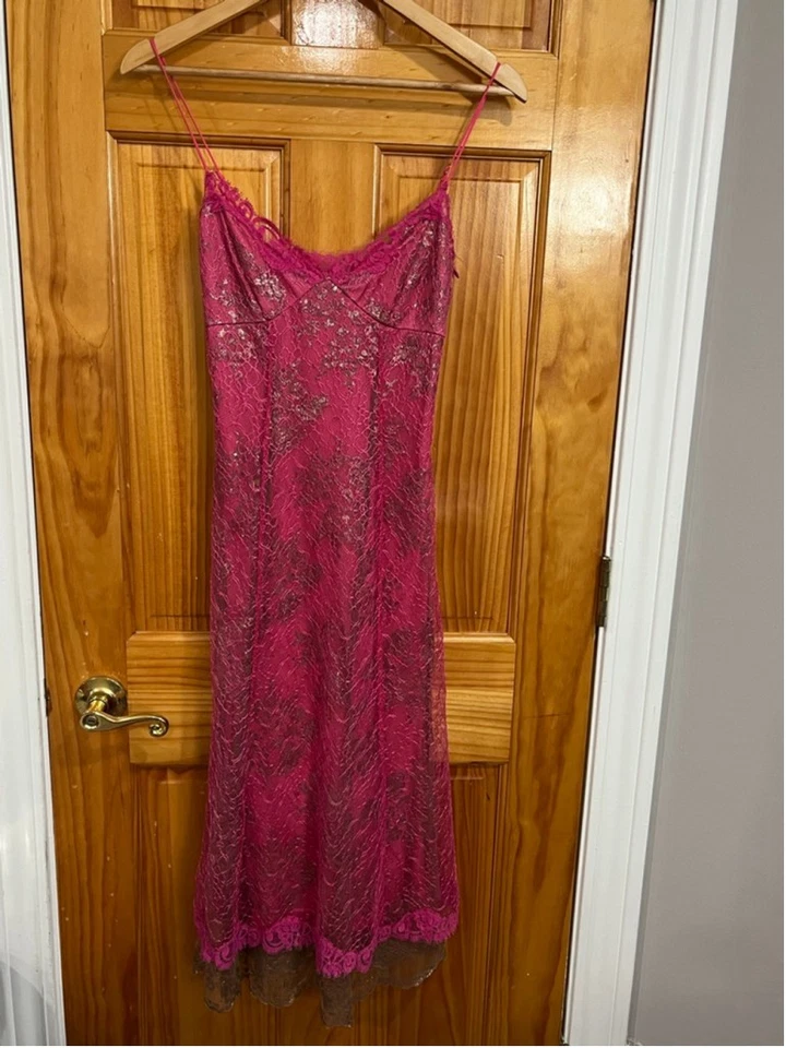 Vintage Betsey Johnson Pink Feminine Dainty Metallic Lace Tulle Slip Dress Sz 2 - Image 3 of 4