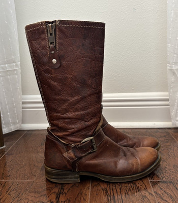 Bed Stu 100% real leather brown harness mid-calf moto boot