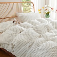 Striped Duvet Cover Queen Size 100 Washed Cotton White Brown Stripe Duvet Co...