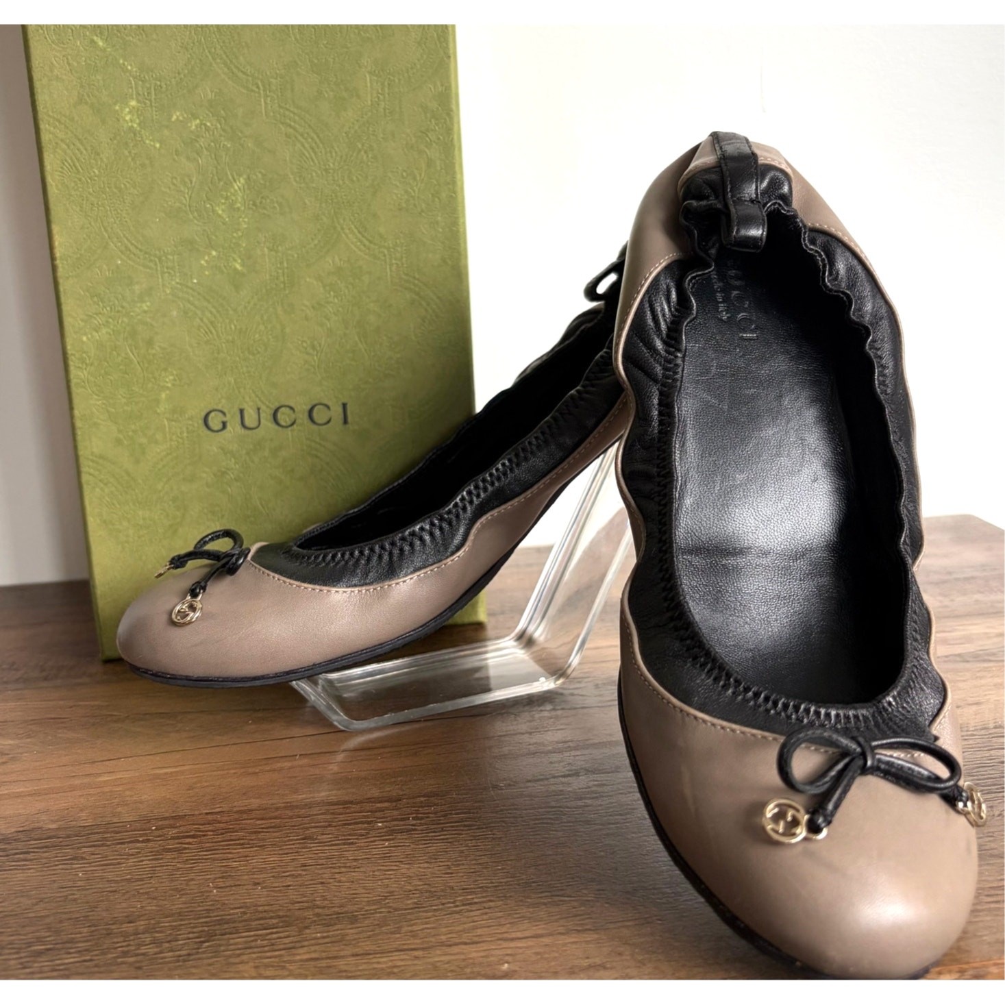 GUCCI Ballerina GG Bow 7.5 Black Tan Leather Flats 37.5 Women's Ballet Box Shoes
