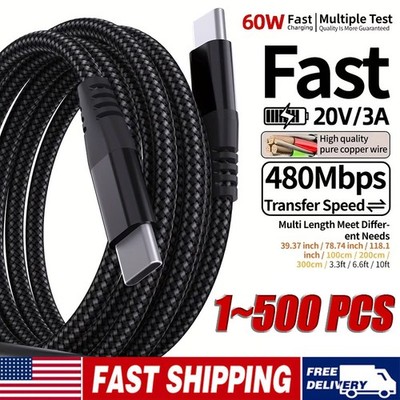 60W USB C to C Cable Fast Charge PD Nylon Cord 3/6/10FT for iPhone17 Samsung lot