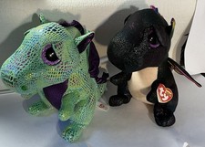 2 TY Beanie Baby Dragons Anora 2018 W/Rainbow Wings & Cinder Green 2015-9” Plush