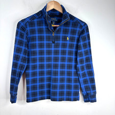 Polo Ralph Lauren Plaid 1/4 Zip Sweater Boys M Blue Tartan Preppy Academia