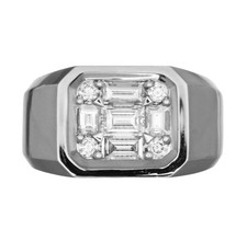 LARGE .85CT DIAMOND 18KT WHITE GOLD 3D ROUND  BAGUETTE CLUSTER SQUARE MENS RING