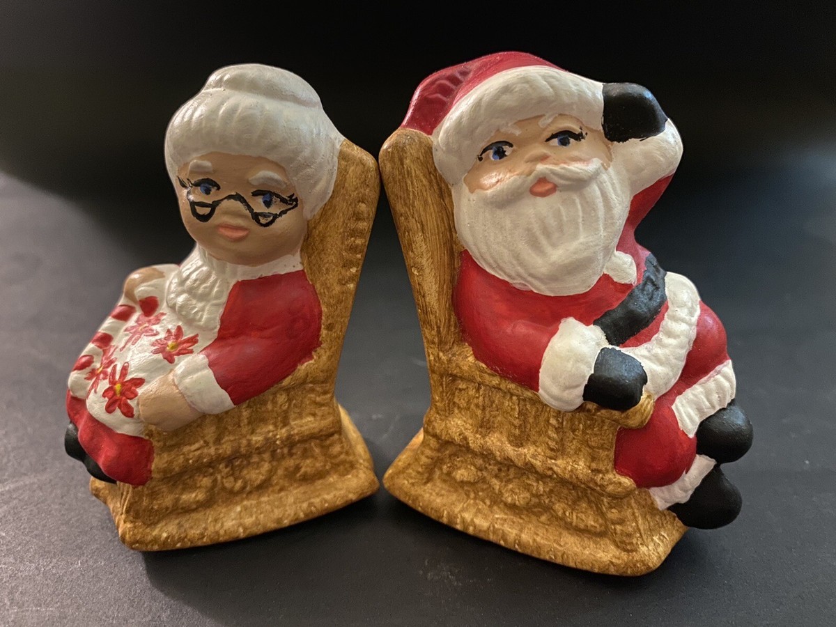 Vintage Hand Painted Ceramic Santa And Mrs Claus Sitting In Chair
