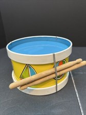 Vintage Ohio Art Tin Drum Children Sand Sailboat Teddy Bear Graphics Wood Sticks