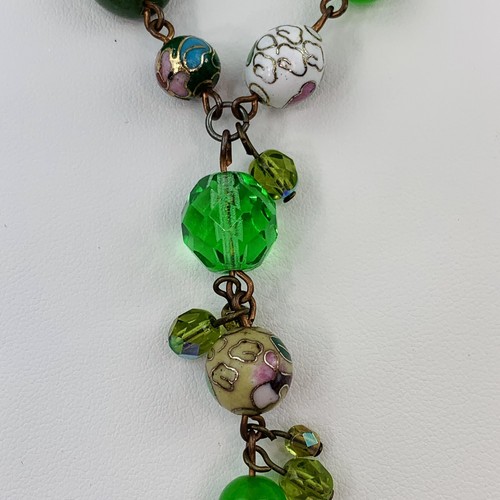 ESTATE VINTAGE CLOISONNE STONE FACETED GLASS BEAD DROP NECKLACE GREEN