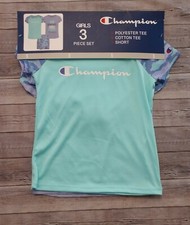 New Girl's Champion Purple Aqua Blue 3pc Tees and Shorts Outfit Size 5