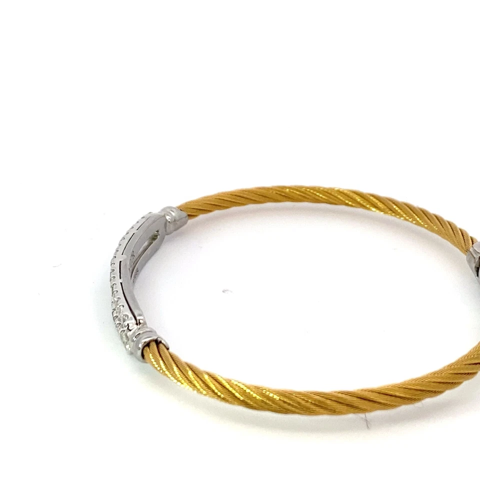 ALOR Classique 14K Gold White Topaz Yellow Steel Cable Bangle Bracelet - Image 3 of 4