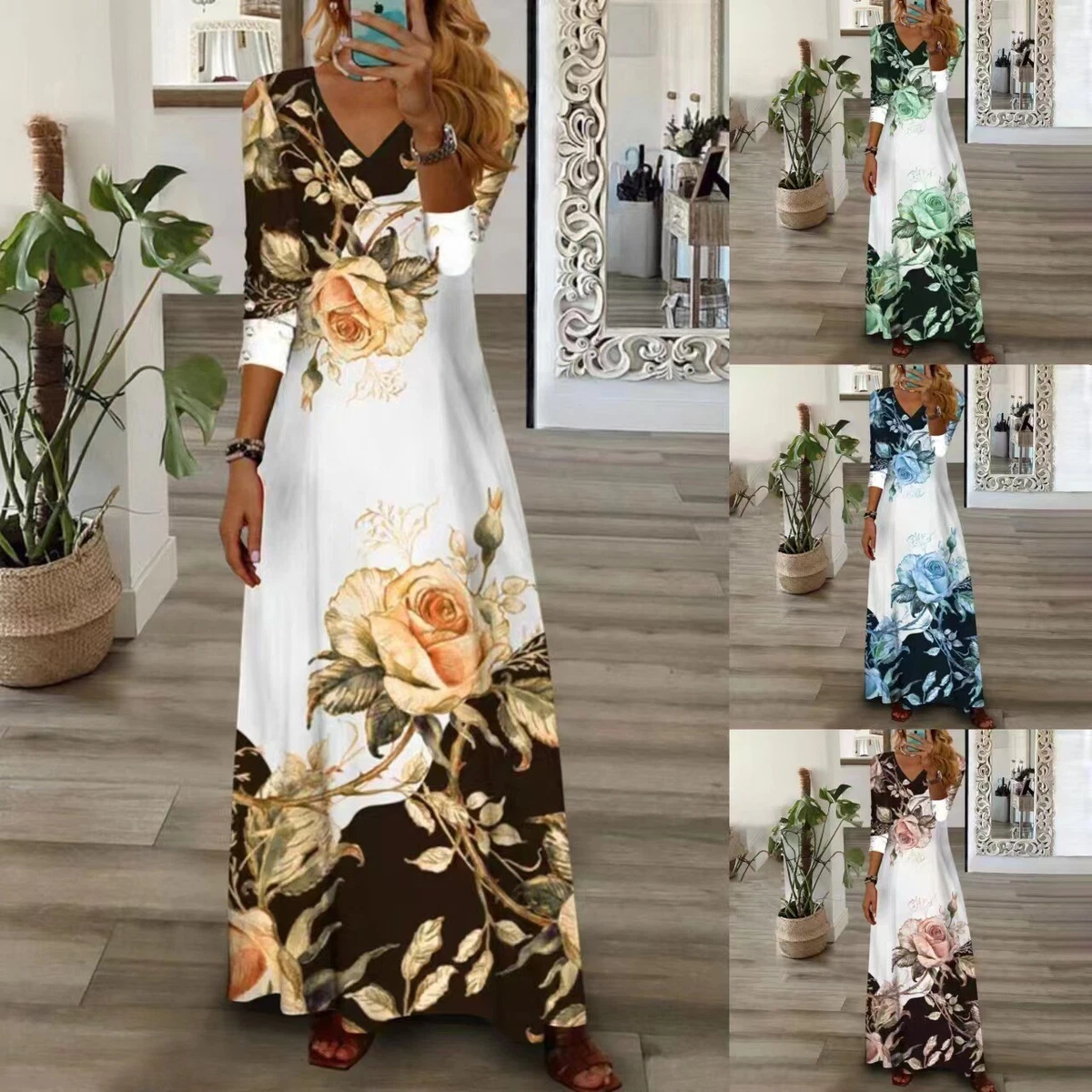 Boho Long Maxi Summer Dress Women Gypsy Floral V Neck Beach Dresses Plus Size UK