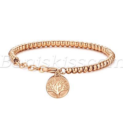 Women's Stainless Steel Tree of Life Tag Charms Beaded Chain Bracelet Adjustable