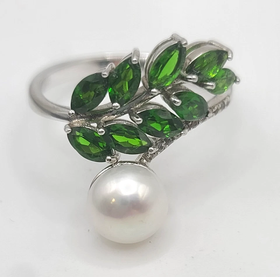 Sterling Silber Ring grüner Strass signiert DK 925 Größe 12,25