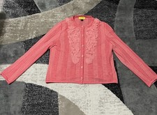 ST. JOHN Cardigan Sweater Women Large Pink Salmon Ruffle Knit Button Old Money