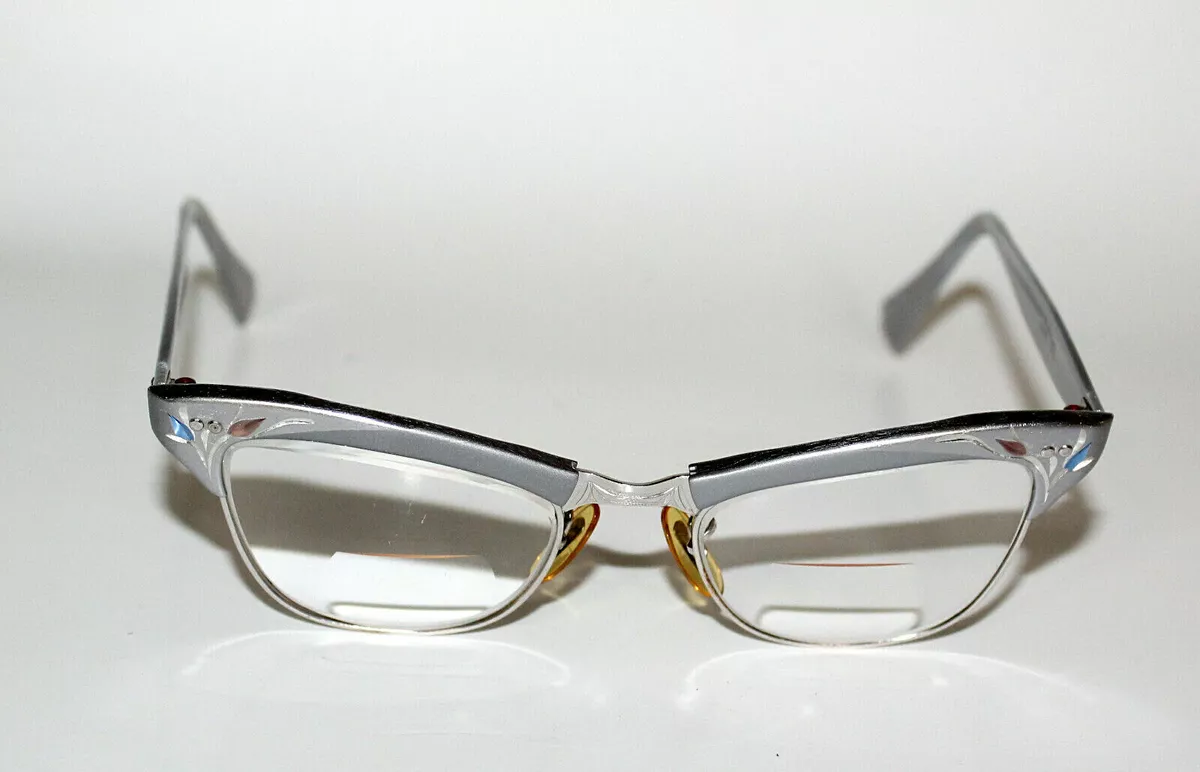 Vtg American Optical AO Silver Etched Aluminum Cat Eye Glasses Frames 1/10 12KGF
