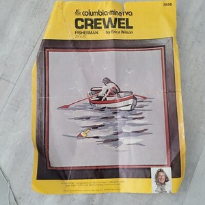 1976 Vintage Columbia-Minerva Crewel Kit by Erica Wilson Fisherman #7656 Started