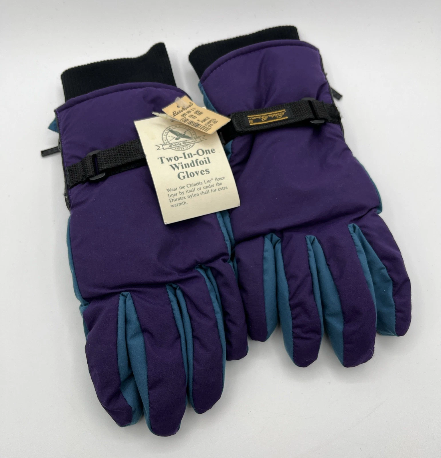 VTG 90s Eddie Bauer Gloves 2 in 1 Windfoil Fleece Nylon Ski Snow Purple/Teal MED
