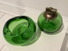 Blenko Glass #6320 Lighter And #693 Ashtray In GREEN LIGTER WORKS