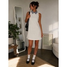 Zara Trafaluc White Stretch Shift Dress Contrast Stripe Collar Size M Minimalist
