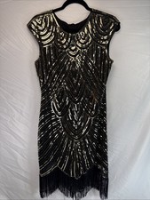 1920  s Look Party Sequin Fringe Flapper Women's Dress Gold  Black Size Large