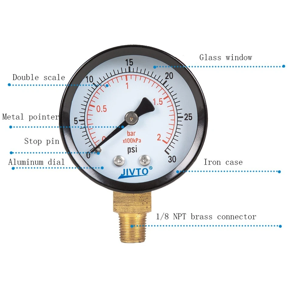 General Dry Pressure Gauge, 2" Dia, 0-30 psi, 1/8 NPT Bottom Mount ( pack of 1) - image 4 of 4