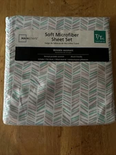 NEW Mainstays Twin/TXL Soft Microfiber Sheet set Wht w/multicolor 14” Deep