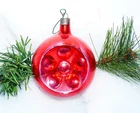 Vtg~ PREMIER~3.25" ~DOUBLE INDENT w Raised Circles~ Deep Red Glass Xmas Ornament
