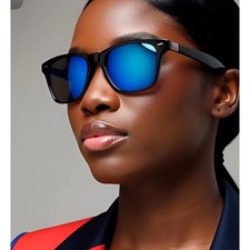 Polarized Sunglasses For Women Black Frame Blue Mirror Lenses UV Sun Protection