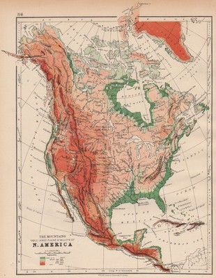NORDAMERIKA PHYSISCH. Relief. Schlüssel Berge Höhen. Meerestiefen 1897 Karte